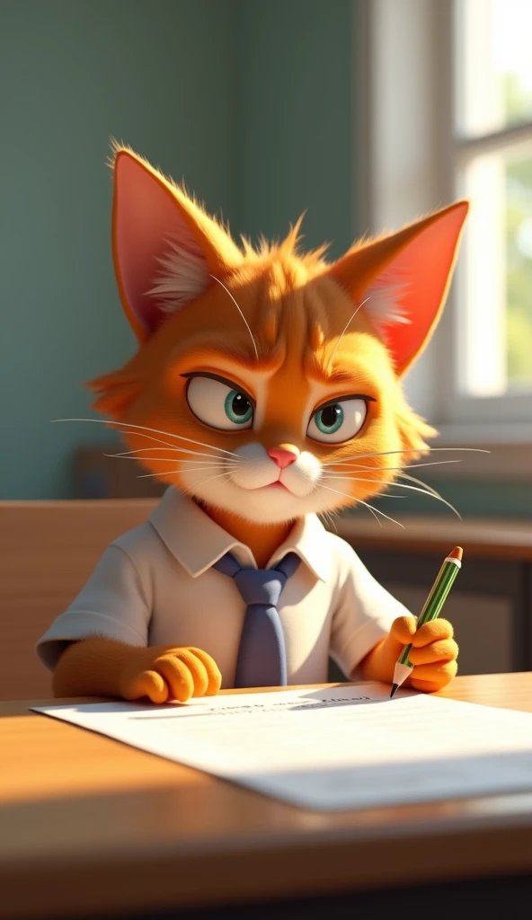 3D rendering of an orange teenage boy cat, wearing a white school uniform, sitting alone at a desk in a quiet exam room. He is staring intently at an English test paper with a confused and irritated expression. His brows are furrowed and he is holding a pe...