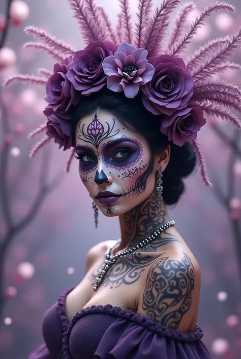 Mexican catrina image in lilac purple tones , sensual tattoo type 