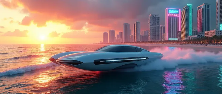 sunset, sun weather, ocean drive street miami, neon artdeco buildings, 2100 year , futuristic car in big water