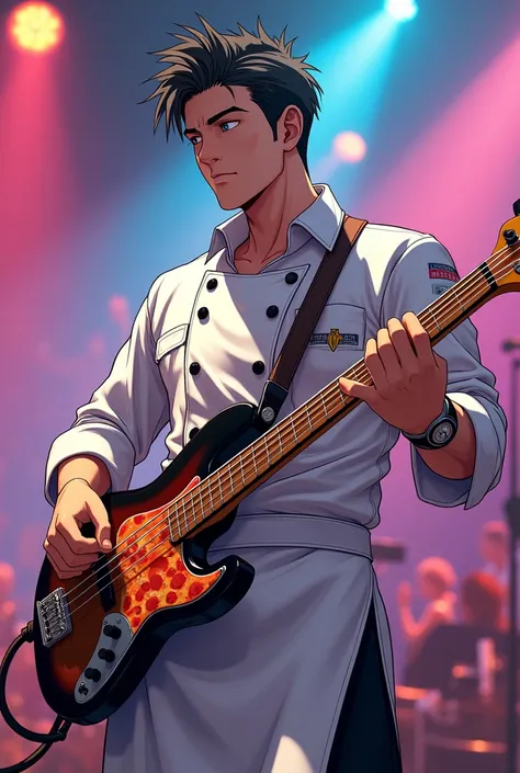 A cool guy in a chef suit playing bass guitar in a concert after baking a pizza, anime style