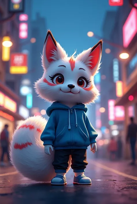 White furry anime Fox,Fox tail, white fur with red stripes, blue color hoodie,black pants, standing on the streets, night City background 