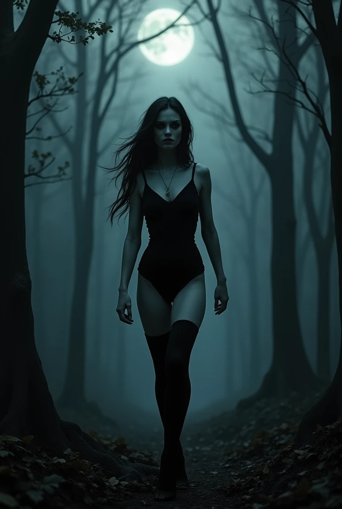 Pale skin、With pitch black eyes that lack light、Pitch black、Wearing a long sleeve leotard、Please make a photo of a woman with long hair wearing black knee-high stockings 30cm above the knee walking through the forest at night.