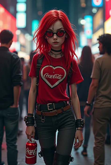 Pale skinned girl wearing oval glasses while drinking a Coca-Cola,wearing a red shirt with a red-eyed heart sign, long red hair with piercings in the nose and ears, wearing big boots while standing in a nighttime crowd in New York ; marvel comic