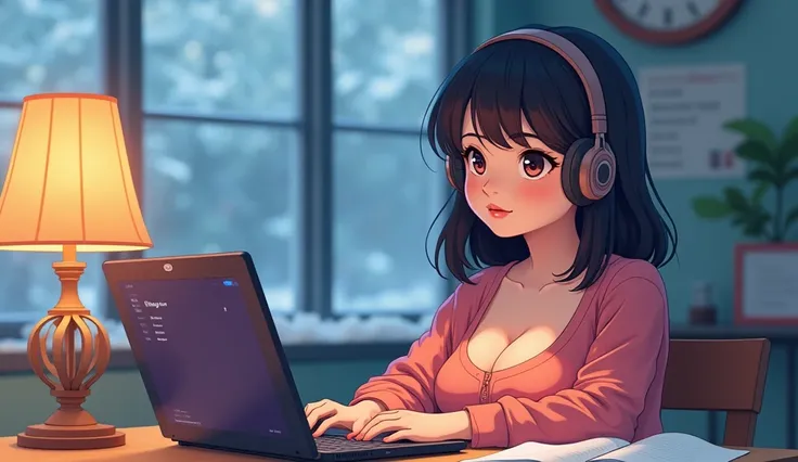 Picture perfect, 8k, winter, afternoon, middle school girl, ((big breast)), ((cleavage)), while listening to music via laptop and using headphones, laptop screen displaying song playlist image, sitting at study desk, 2D style animation, Lo-Fi, retro, emoti...