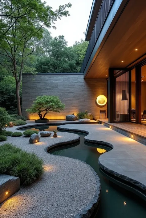 This is a Japanese-style garden but located in a modern house, very carefully and delicately arranged, creating a sense of peace and meditation. The wooden floor combined with natural stone elements, green trees and a large lake create a connection between...