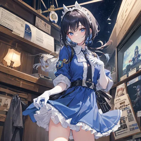 2D, masterpiece, , Japanese cartoons, Rich facial details, Very detailed eyes, Very detailed background, Perfect lighting, Cowboy shooting, 1 Girl, Solitary, Aki Rosenthal, Collared dress, Short skirt, Short sleeve, Blue Jacket, Black knee-high socks, Hair...