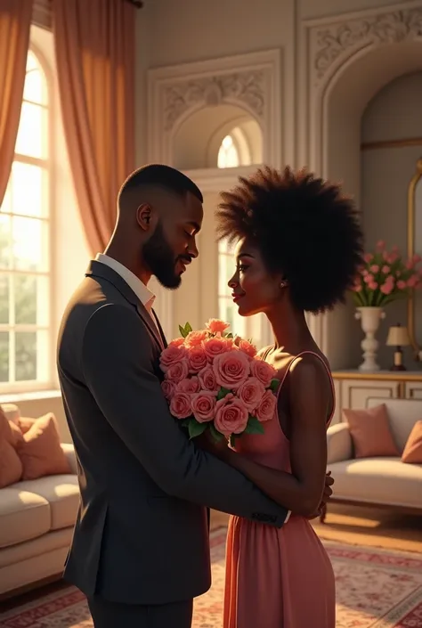 (Generate an image of a dark black man low hair giving bouquet of flowers to a a dark black lady with slick Afro hair at a nice luxury living room