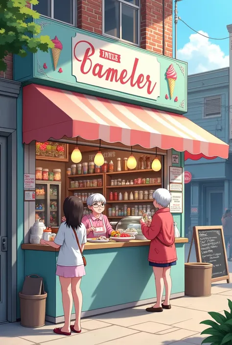 Perfect anime illustration　Clear lines with a clear background　An ice cream shop selling a wide variety of ice creams