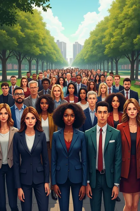 Introduction Scene: A group of 40 diverse people standing together, looking determined, in a city park.