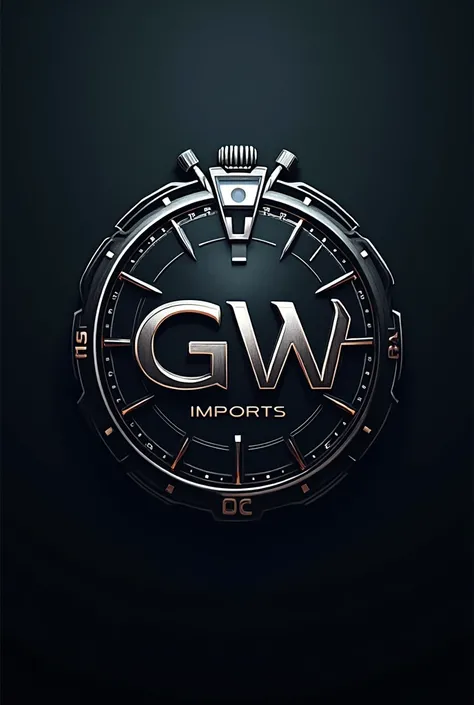 Create a logo with the initials GW IMPORTS CHANGE FONT. MORE EYE-CATCHING with a realistic clock background with imports below, futuristic source rolex realist watch