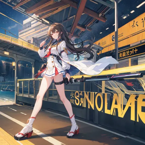 Long-haired anime girl walking on the train platform, Fleet Collection Style, Electromagnetic gun, The Golden Fleet, Kantai Collection Arcade, captain, Shinkai Makoto风格, Cute girl anime visual, Shinkai Makoto的艺术风格, Beautiful anime high school girl, Anime s...