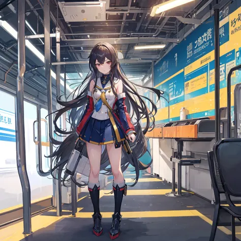 Long-haired anime girl walking on the train platform, Fleet Collection Style, Electromagnetic gun, The Golden Fleet, Kantai Collection Arcade, captain, Shinkai Makoto风格, Cute girl anime visual, Shinkai Makoto的艺术风格, Beautiful anime high school girl, Anime s...