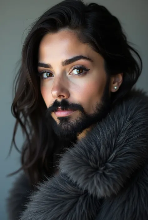 Ultra-Realistic, Precision portrait, a young caucasian bearded woman, with a natural real dark grey beard and mustache, with dark hair, wears massive dark grey fur coat, beautiful make-up, beautiful eyes and eyelashes, looking at the viewer