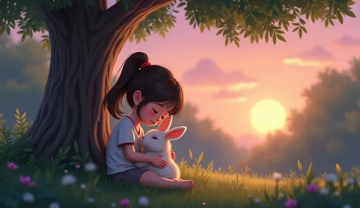 "Back at home, the girl and the rabbit are sitting together under a tree in their backyard. The rabbit is lying peacefully in the girls lap as she gently strokes its soft fur. The evening sky is painted with pink and orange hues as the sun sets, creating a...