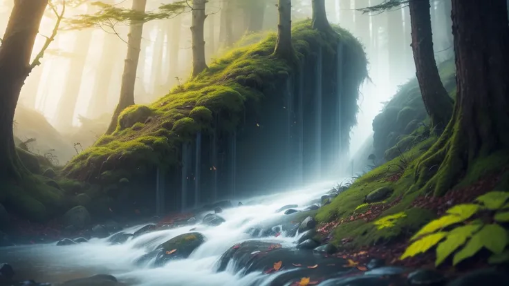 "Design an enchanting misty forest scene, where towering trees with thick, moss-covered trunks rise from the forest floor. The scene is filled with dense, ethereal fog that weaves through the trees, creating a soft, dreamlike atmosphere. Sunbeams filter th...