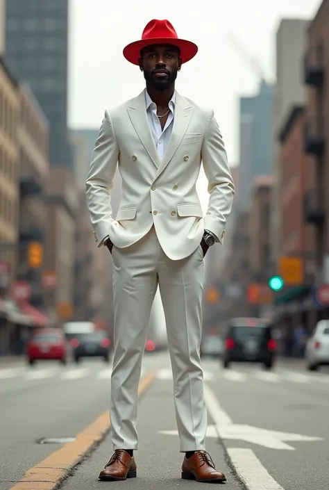 Black man with red hat and white suit at a crossroads 