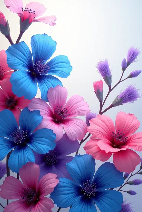 Frame of bright and striking colored flowers blue pink purple