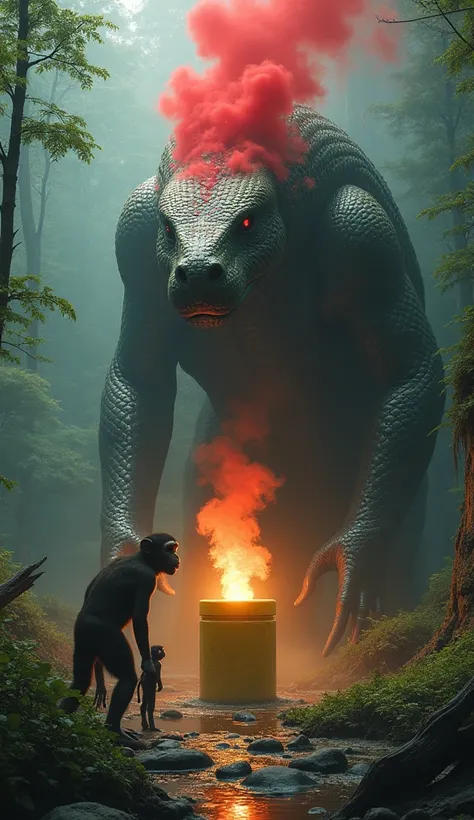 Giant snake and monkey standing together, yellow box containing chemicals, red smoke coming out of the box, in a futuristic, realistic style, the background is a forest.