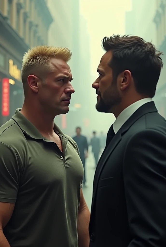 a man resembling John Cena with short blond hair in a shirt talking to a man resembling Robert Downey Jr. in an elegant outfit talking in the distance