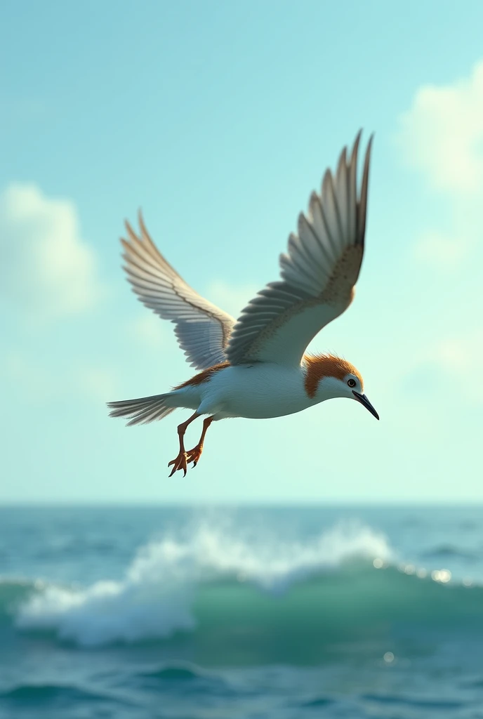 "Pippin tries to fly over the ocean, but exhaustion sets in. He flaps his wings weakly, struggling to stay aloft as the wide, open ocean extends below him. The waves crash gently, and the sky is a calm, light blue, but Pippin’s tired body contrasts with th...