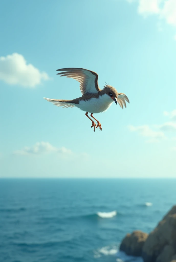 "Pippin tries to fly over the ocean, but exhaustion sets in. He flaps his wings weakly, struggling to stay aloft as the wide, open ocean extends below him. The waves crash gently, and the sky is a calm, light blue, but Pippin’s tired body contrasts with th...