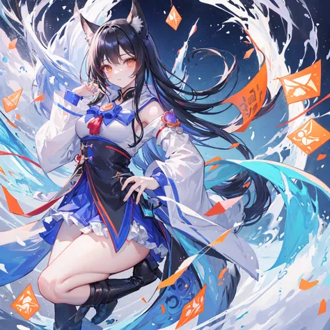 Ahri, Ahri_(alliance_of_legend), 1 Girl, absurd, animal_ear, black_hair, 分离of_sleeve, distributed, 面部of_mark, fox_ear, fox_Tail, hand_up, high resolution, alliance_of_legend, 长of_hair, Snowsuit, magic, 多种of_Tails, 白色of_Tails, orange_Eye, separate_Lips, 独自o...