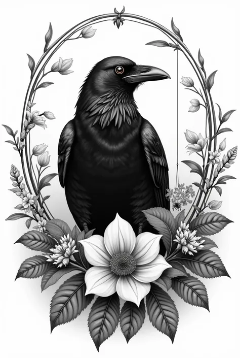 black and white drawing of a stately raven, guardian, observing, surrounded by flowers and branches, a little spider descending the thread of its little web between the flowers, the design is in the center of an oval frame in the Victorian style 