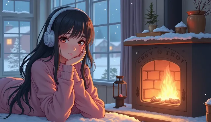 Picture perfect, 8k, winter, high school girl, ((big boobs)), ((cleavage)), wearing headphones, lying by the fireplace, 2D style animation, Lo-Fi, retro, emotional, anime style illustration.