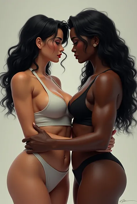 one girl,light skin,big chest a black muscled woman, by black, black hair