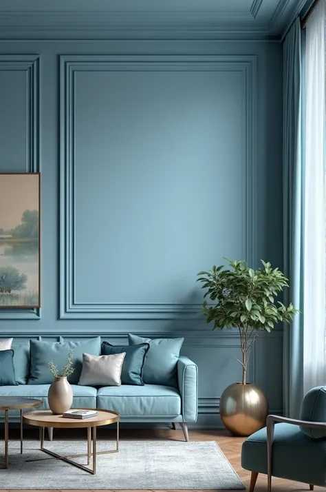 Living room with wall painted in blue tone, without people, image for paint commercial, elegant and well-groomed. 