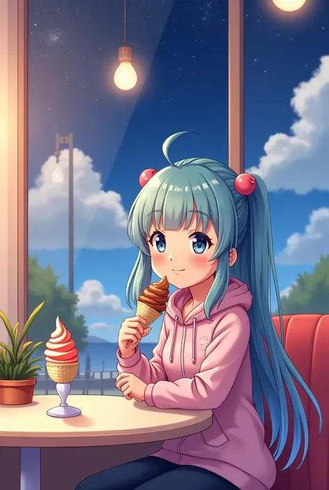 Perfect anime illustration　Clear lines with a clear background　Ice cream on the table　The store is brightly lit　It&#39;s night outside