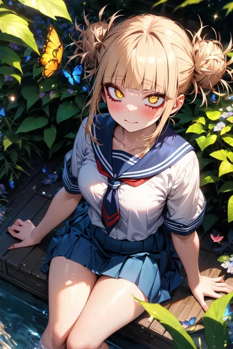 absurdres, highres, ultra detailed, HDR, master piece, Toga Himiko, ash blonde hair, expressive yellow eyes, school uniform, red ribbon, blue skirt, woman sitting, best quality, Boku No Hero Academia, solo, sensual, glittering, accessories, garden, flowers...