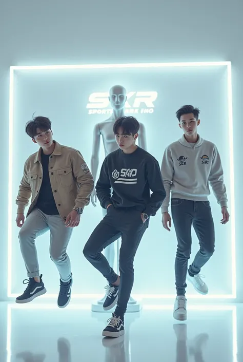 (photorealism:1.2): a group of realistic, handsome young K-pop idol-looking artificial intelligence with the LED SXR logo and full body move in the air. A male mannequin displays the sports shops SXR logo on the background and is wearing a gym SXR logo. Th...