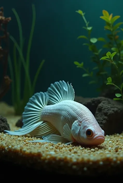 A betta fish with ictio( a disease that has as a symptom the appearance of white spots on your body) at the bottom of the aquarium