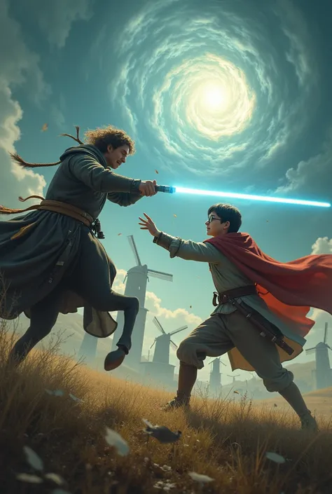 Harry Potter with a lightsaber fighting Don Quixote 