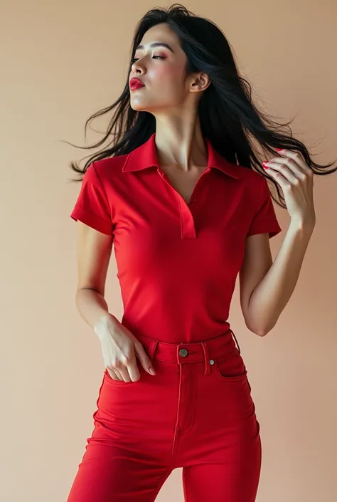 Bergaya photography,beautiful korean women,black hair,ideal body,solid chest,wearing a red tight tennis polo,wearing tight red jeans,wearing red high heels,blowing a kiss sideways,close eyes,best quality 8k hd,detail,photography, standing in full height,fu...