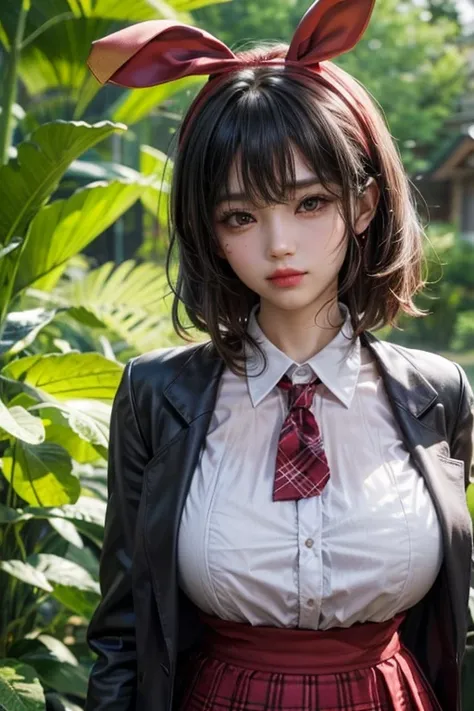 (in the dark:1.6) , big breasts , big tits , thai school girl , long skirt dark red , long plaid skirt , pleated skirt , red knot , red bow