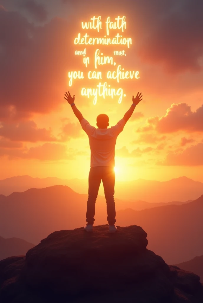 A final scene of the person standing confidently, hands raised in victory, with the quote “With faith, determination, and trust in Him, you can achieve anything.” glowing in the sky, with a radiant sunrise behind them.
