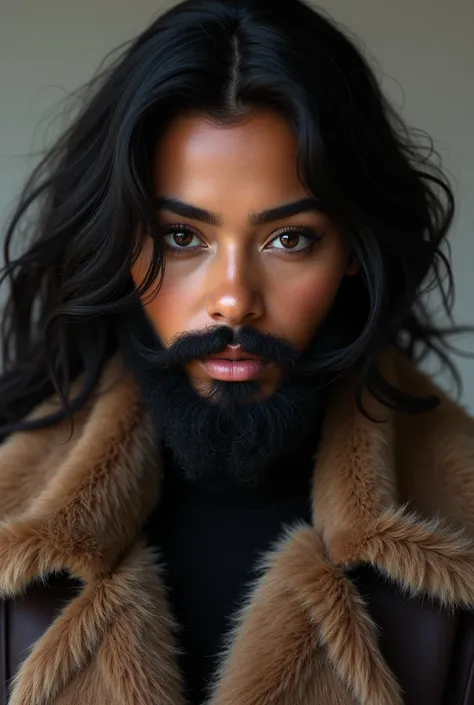 Ultra-Realistic, Precision portrait, a young dark skin bearded woman, with a natural real beard and mustache, with dark hair Voluminous Bob Lob, wears massive fur coat, beautiful make-up, beautiful brown eyes and eyelashes, looking at the viewer