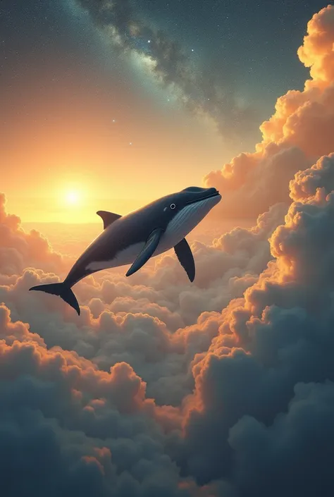 Draw me a tiny whale flying in the beautiful universe and the magnificent golden waves of clouds at dusk.