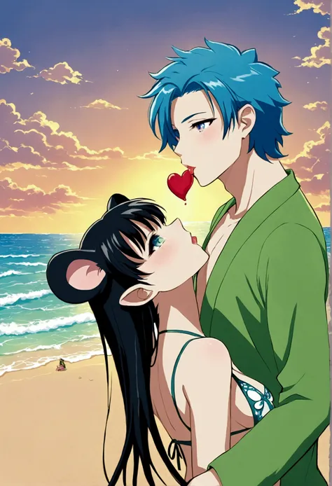 mouse girl black hair white eyes using bikini and human boy blue hair green eyes kissing in the beach, monster girl, furry, huma...