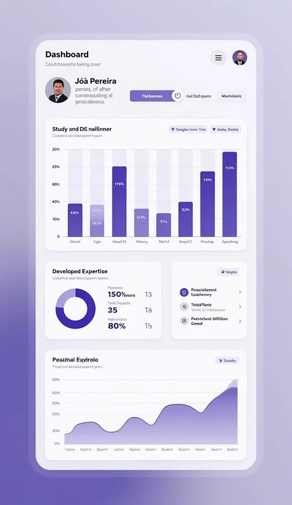 Create a vertical figure for a user dashboard titled "Evolution of João Pereira." The design should be modern and visually appealing, occupying almost the entire screen and covering the entirety of the image. The base color of the report will be lavender.
...