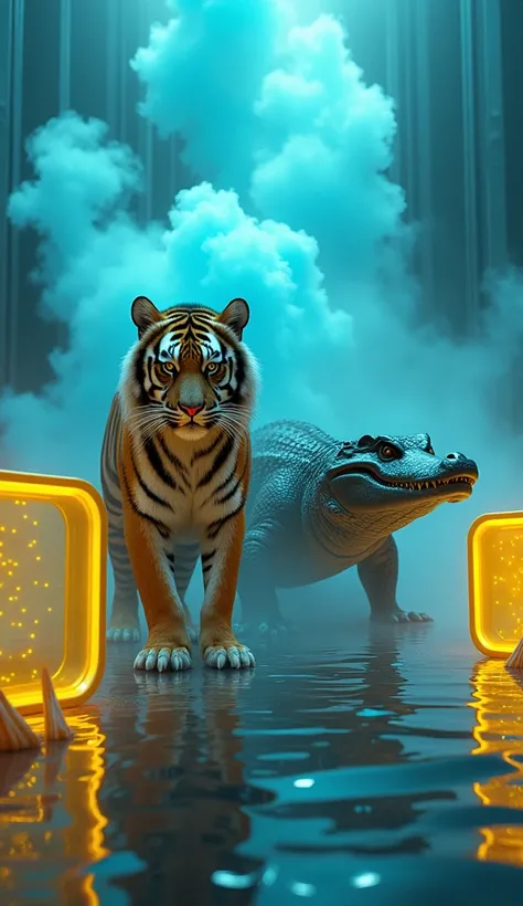 Tiger and crocodile have yellow boxes filled with chemicals, blue smoke coming out of the boxes, in a futuristic, realistic style.