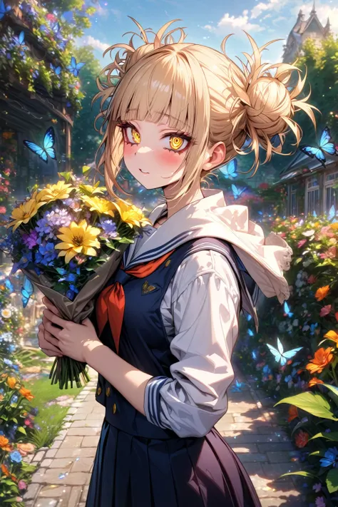 absurdres, highres, ultra detailed, HDR, master piece, Toga Himiko, ash blonde hair, expressive yellow eyes, school uniform, red ribbon, blue skirt, woman holding a bouquet of flowers, best quality, Boku No Hero Academia, solo, sensual, glittering, accesso...