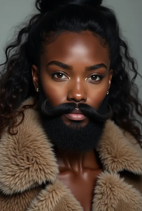 Ultra-Realistic, Precision portrait, a young dark skin bearded woman, with a natural real beard and mustache, with dark hair Voluminous Bob Lob, wears massive fur coat, beautiful make-up, beautiful brown eyes and eyelashes, looking at the viewer