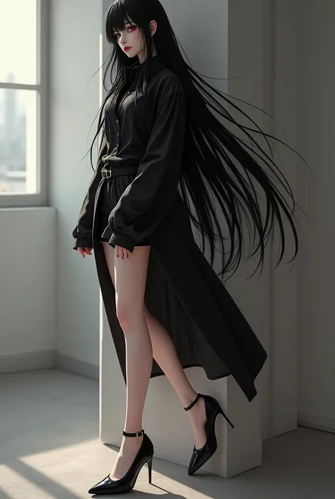 A young girl with long black hair, red eyes, wearing a black shirt and black skirt, white skin, and black high heels. The setting should focus on her stylish and modern appearance, with soft lighting and detailed textures.
