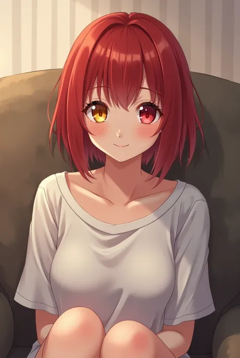  short red hair with bangs that fall over her forehead slightly, She was wearing a white shirt that covered a little of her thighs. She was sitting on the couch looking at the camera with a slight smile.. (Of course she had heterochromia eyes, the color re...