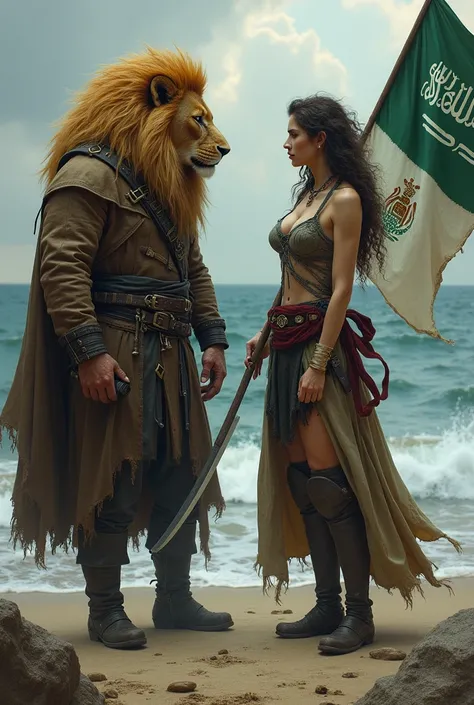 A man with a lion face next to a pirate woman with two flags of Saudi Arabia and the Republic of Panama 