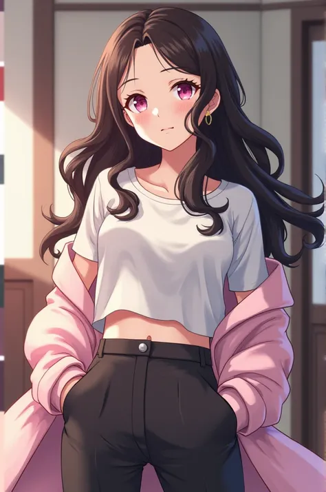 Una chica president a nezuko kamado , demon slayer , with clear and soft skin , very beautiful light pink eyes , long wavy dark brown hair, with a loose lantalon and a short shirt with a sweatshirt 