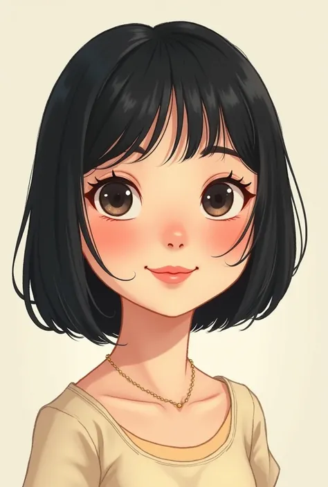 Illustration of a middle-aged woman with a cute and pretty black straight short hair and a small smile
